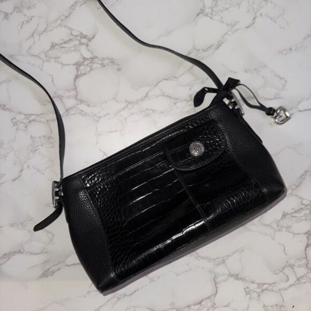 Brighton Shoulder Bag Black Leather Croc Embossed Crossbody Purse Pocket w/ Flap